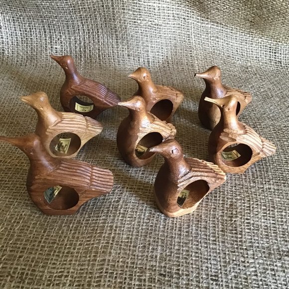 Vintage Hand Carved Wooden Bird Napkin Rings - Set Of 8 - Mid Century Modern - Picture 3 of 8